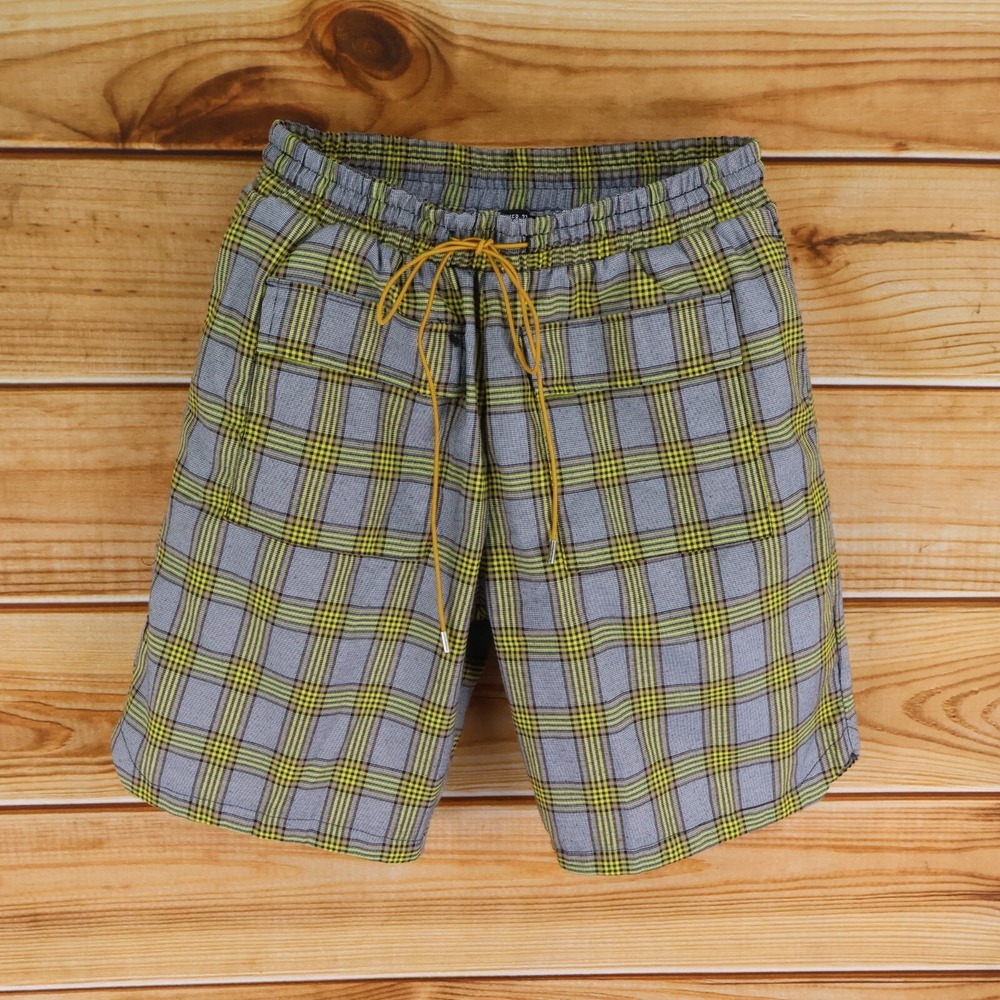 Forever 21 Shorts Mens Size L Gray Yellow Plaid Pockets Elastic Waist Drawstring